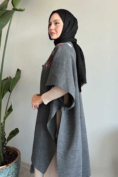 InStyle Anthracite Knitwear Poncho with Embroidery Detail and Tassels