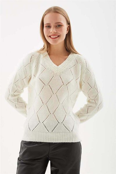 Fashion Friends Ecru Openwork V-Neck Sweater