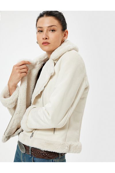 Koton Suede Biker Jacket - Plush Lined and Zippered