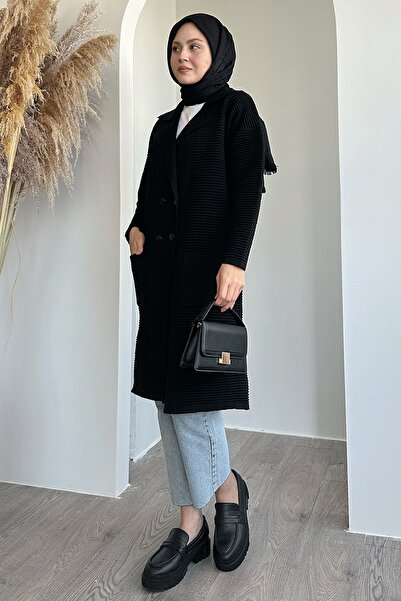 InStyle Μαύρο πλεκτό μπουφάν με μοτίβο Seersucker