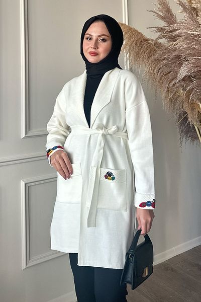 InStyle White Knitwear Jacket with Embroidery Pockets and Sleeves