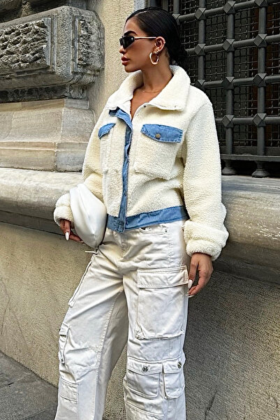 VAGGON Γυναικείο εκρού βελούδινο τζιν μπουφάν Vs00075