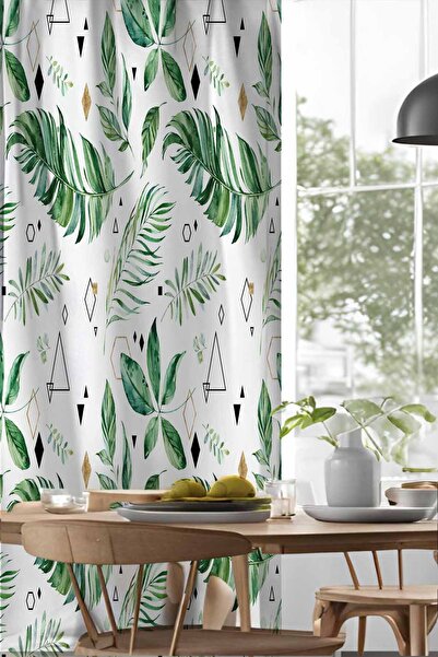 Else Halı Tropikal Yeşil Yapraklar Desenli Djital Baskılı Yemek Odası Mutfak Fon Perde 140x260cm
