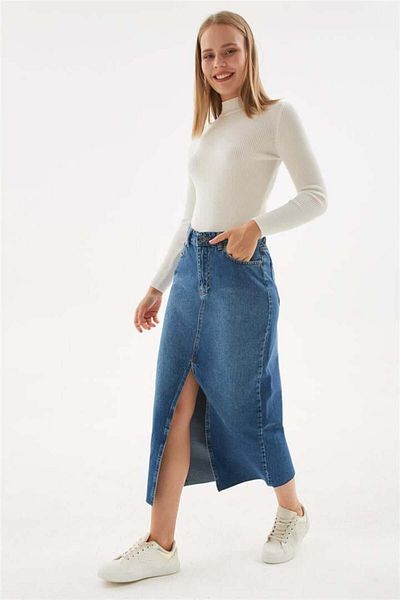 Fashion Friends Fusta midi din denim albastru