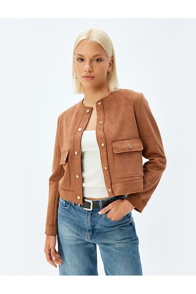 Koton Faux Suede Jacket Round Neck Flap Pocket Detailed Snap Button