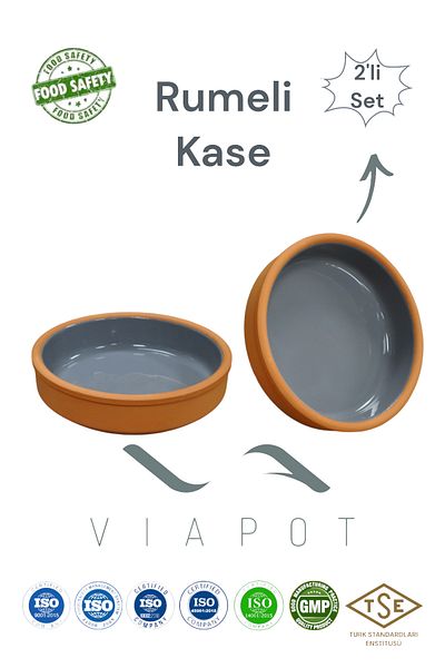 Viapot 450 ml Rumeli Soil Casserole Bowl - Set of 2 Colored Glazed Pottery - Gray