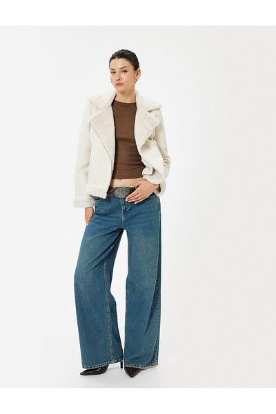 Koton Suede Biker Jacket - Plush Lined and Zippered