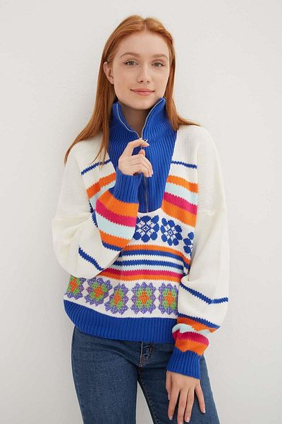 Fashion Friends Pulover tricotat cu imprimeu cu gât camioner, cu croiala normală, 24K0840K1