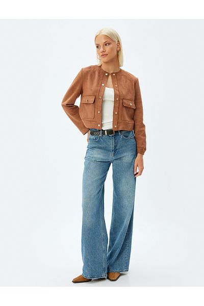 Koton Faux Suede Jacket Round Neck Flap Pocket Detailed Snap Button