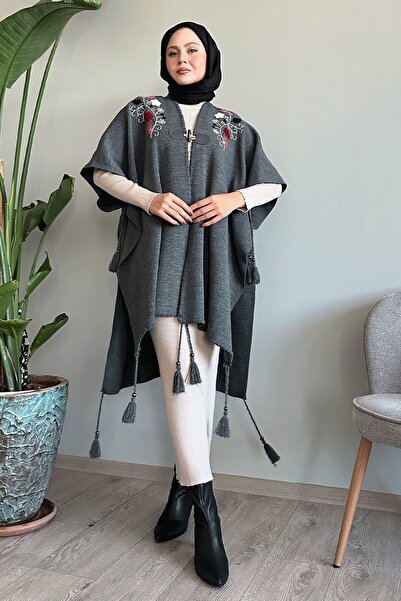 InStyle Anthracite Knitwear Poncho with Embroidery Detail and Tassels
