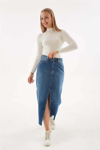 Fashion Friends Fusta midi din denim albastru