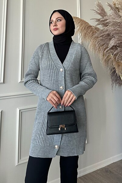 InStyle Bordás aranygombos szürke kötöttáru kardigán