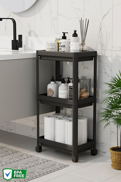 Nandy Home Πάγκος 3 επιπέδων κάτω από τον πάγκο, Μονάδα ραφιών μπάνιου με ρόδες