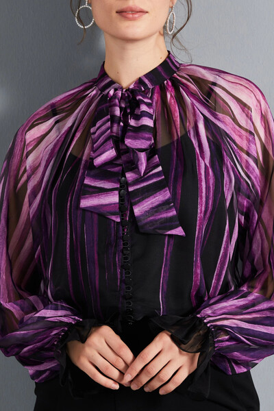 SERPİL Çizgili Fiyonk Yaka Şifon Balon Kol Mor Gömlek 37109