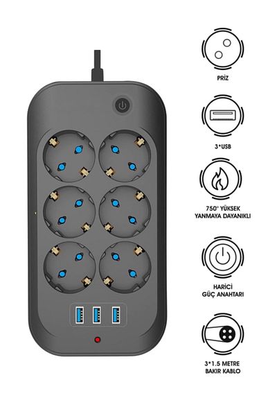 Ecuy 6-Plus Surge Protected Socket – Extension Socket with 3 USB Outputs, 2500W, Heat Resistant Cable