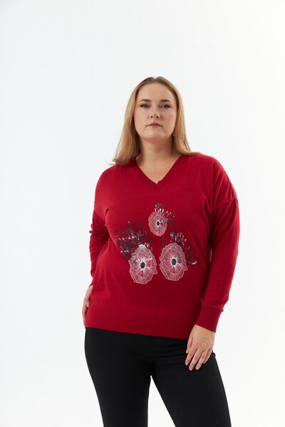 RMG Plus Size Cashmere Blended V-Neck Printed Knitwear Sweater Red