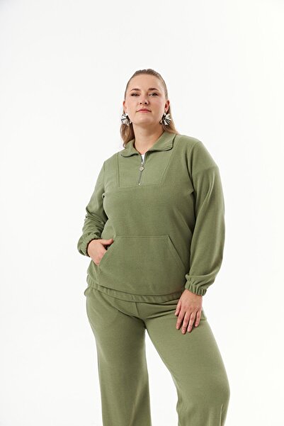 RMG Khaki Color Large Size Zippered Sweatshirt