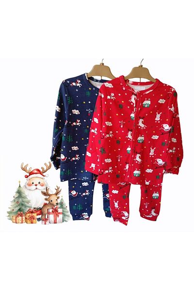 Elidabutik New Year's Themed Red Pajama Set with Snap Fasteners on the Front