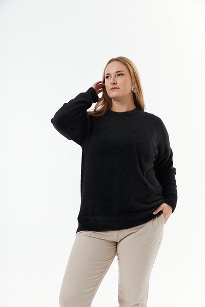RMG Plus Size Cashmere Blended Bearded Knitwear Sweater Black
