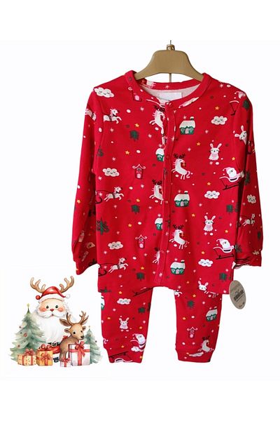 Elidabutik New Year's Themed Red Pajama Set with Snap Fasteners on the Front