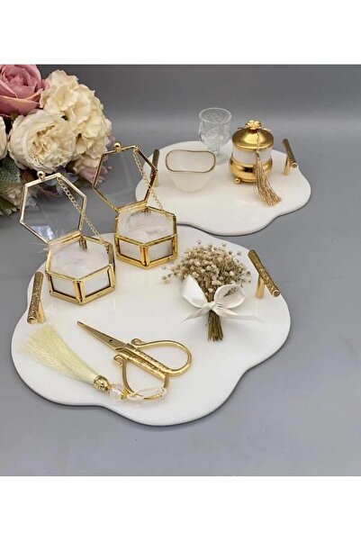 gifthomeshop Doğal Epoksi Söz / Nişan Yüzük ve Damat Kahve Tepsi Seti - Gold