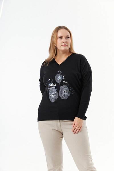 RMG Plus Size Cashmere Blended V-Neck Printed Knitwear Sweater Black