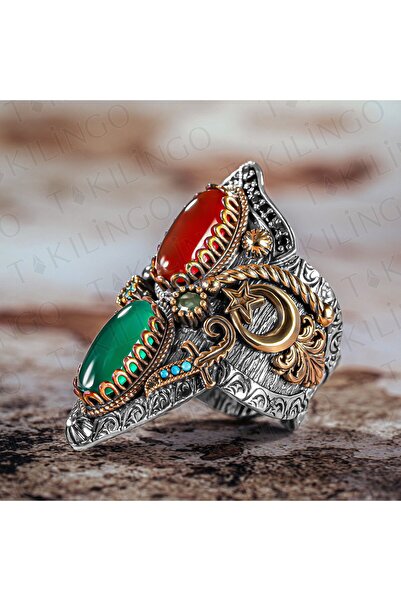 Takılingo 925 Ayar Gümüş Akik Taşlı Usta İşi Ayarlanabilir Zihgir Başparmak M...