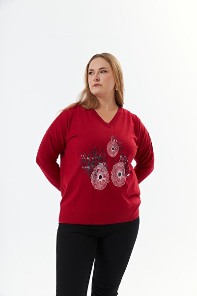 RMG Plus Size Cashmere Blended V-Neck Printed Knitwear Sweater Red