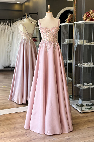 Lenta Moda Pudra Yaprak Desen Dantel Kaplı Maxi Boy Saten Abiye Ve Gece Elbisesi