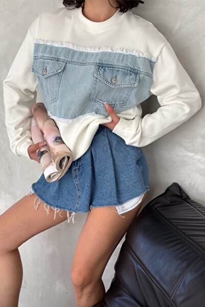 FEMELLE Women's White Denim Detailed Cotton Sweatshirt