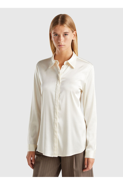 Benetton Regular Pointed Collar Cream Women's Shirt 5Fzpdq005
