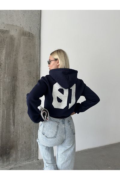 SHAWY Women's Navy Blue Hooded Star Printed Three Thread Raster Crop Sweatshirt