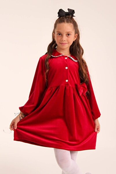 Perendi Κομψό βελούδινο φόρεμα με κουμπιά για κορίτσι κόκκινο