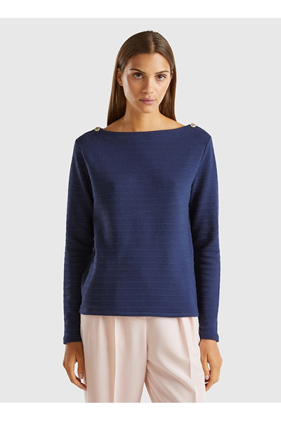 Benetton Γυναικείο φούτερ με λαιμόκοψη καγιάκ Navy Blue 3RWKD108G