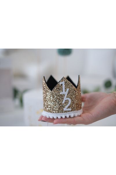 Partifabrik New Season Gold Gilded Glitter King Queen Prince Themed Crown Elastic Half Year 1/2 Hat Crown
