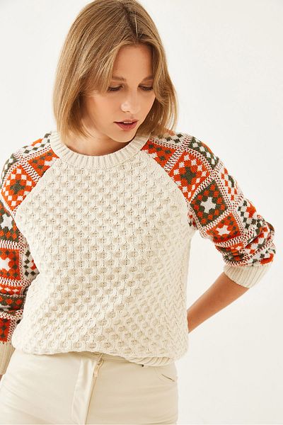 Bianco Lucci Damen-Strickpullover mit gemusterten Ärmeln 20246202