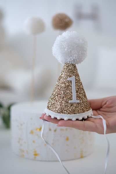 Partifabrik New Season Gold Gilded Glitter 1 Year Old Pompom Crown Elastic Hat Crown