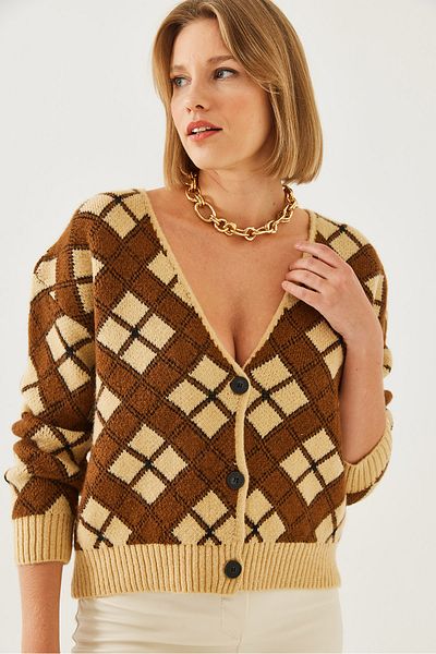 Bianco Lucci Women's V-Neck Buttoned Jacquard Knitwear Cardigan 20246256