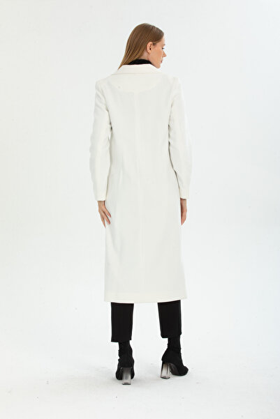 Pitti Women's White Buttoned Kangaroo Pocket Long Star Coat 70569