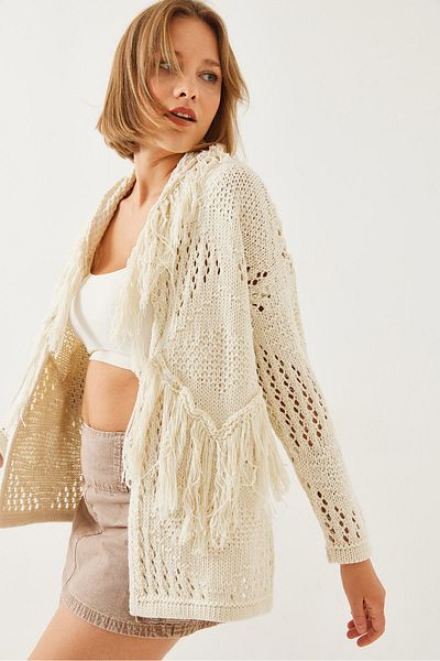 Bianco Lucci Damen-Strickjacke mit Fransen 20246215