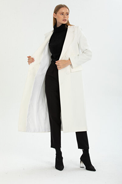 Pitti Women's White Buttoned Kangaroo Pocket Long Star Coat 70569