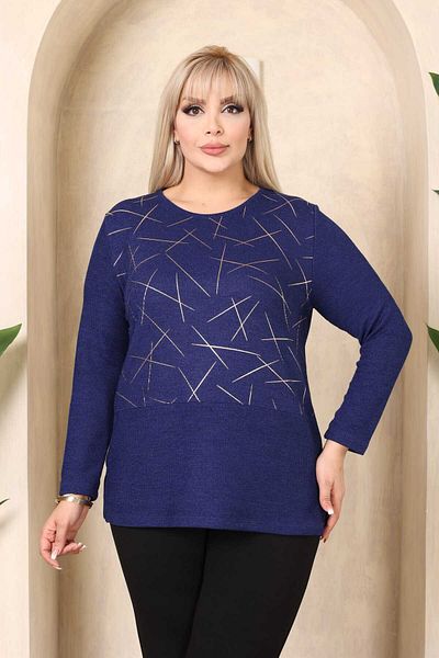 Şans Women's Large Size Navy Blue Crew Neck Front Detailed Long Sleeve Blouse 65N38437