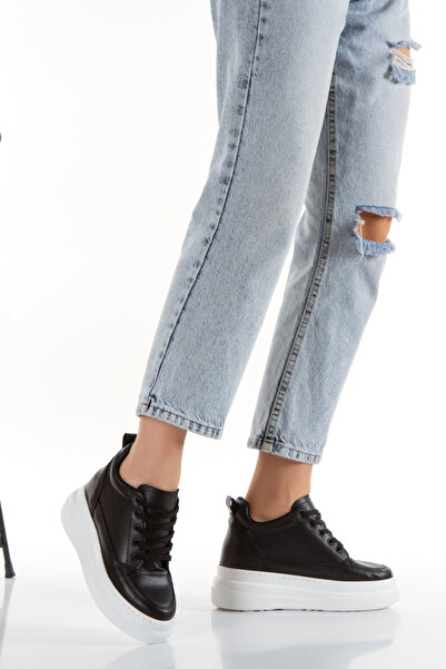 Mimy Shoes SİYAH KADIN GİZLİ TOPUKLU BAĞCIKLI SPOR AYAKKABIe