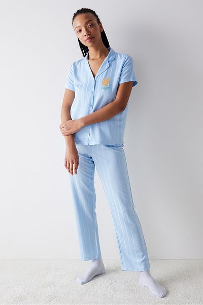 Penti Light Blue Dahlia Satin Pajama Set - Buttoned