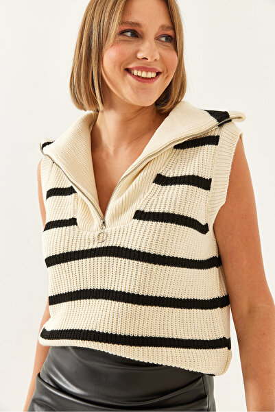 Bianco Lucci Women's Turtleneck Zipper Knitwear Striped Sweater