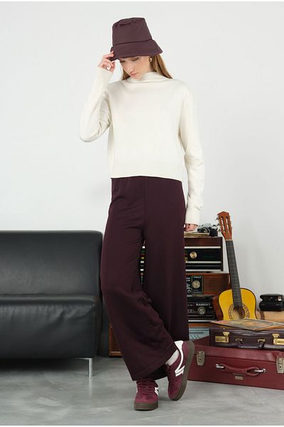 HEQA Pantaloni tricotați cu talie elastică de culoare prune închis