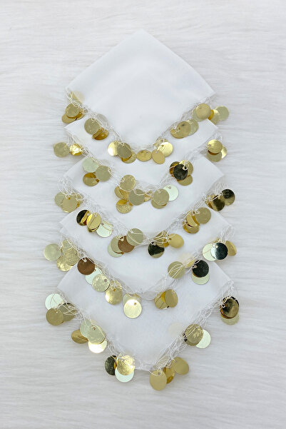 ZEYMERADE Beyaz Gold Şifon Halay Mendili 5 Adet, Gelin Damat Düğün Kına Sünne...