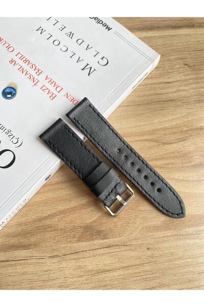 Prizma 22mm Düz Siyah Hakiki Deri Saat Kordonu. Siyah Tasarım.