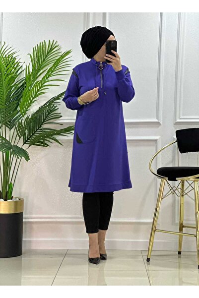 masalabiyem 24561 K 70 MOR-SİYAH DERİ DETAY CEPLİ TUNİK