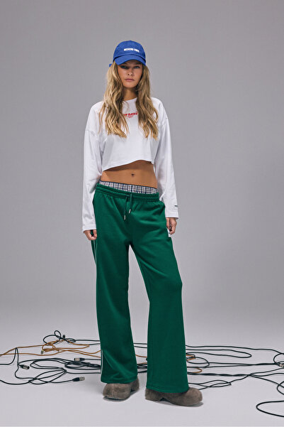 Bases Γυναικείο πράσινο φλις παντελόνι φούτερ με φαρδύ πόδι με ρίγες στο πλάι